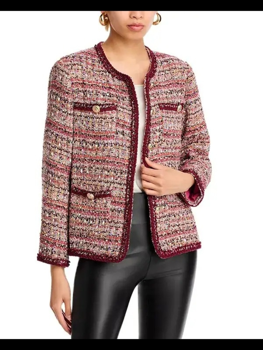 Aqua Burgundy Boxy Tweed Jacket with Gold Buttons - L